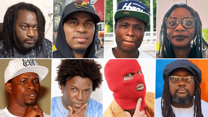 De gauche a droite : Prophèt G (Kill Point) - Lord Kemy (Legitime Défense) - Ksan-K (gandal Foly) - Natu (NGM) - Lord Aladjiman (Sillatigui) - Fadjidih (Pap Soul) - Mista X ( Fac Alliance) - Ras Condel (Raisonnable Djeli)